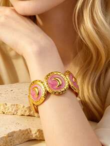VceTd 1 Set Gentle Style Pink Enamel Moon Stainless Steel Women's Jewelry Set Suitable For Party Wear - Yellow Gold - View 6
