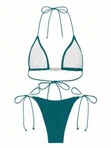 Two-Piece Bikini Set With Pearl Decoration And Thin Ribbon In A Green Triangle, An Elegant And Casual Swimsuit Set For Summer Beach Vacation Parties - Green - View 4