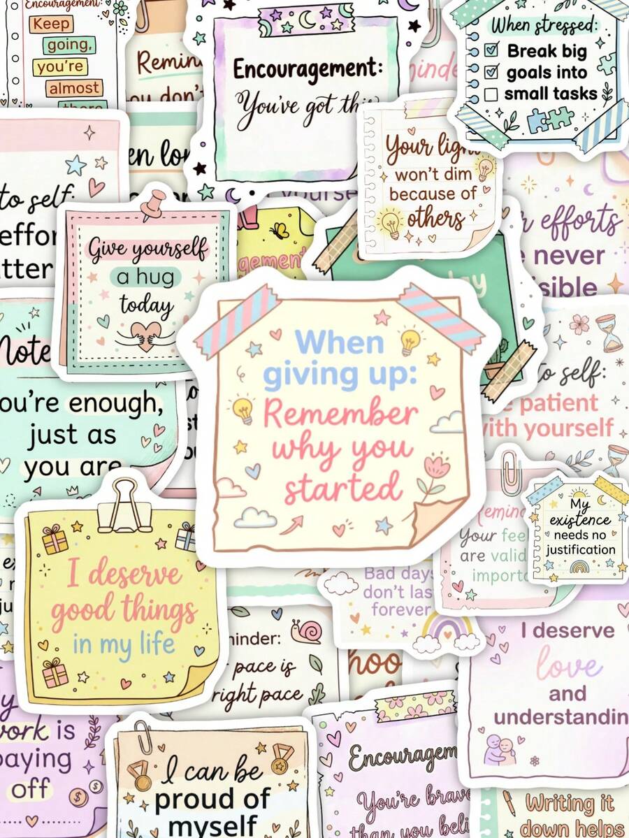 50pcs Aesthetic Inspirational Sticky Notes, Positive Energy Self-Love Quotes Decorative Stickers, Waterproof Stickers, Suitable For Scrapbooking, Phone Cases, Notebooks, Back To School DIY Accessories - A - View 1