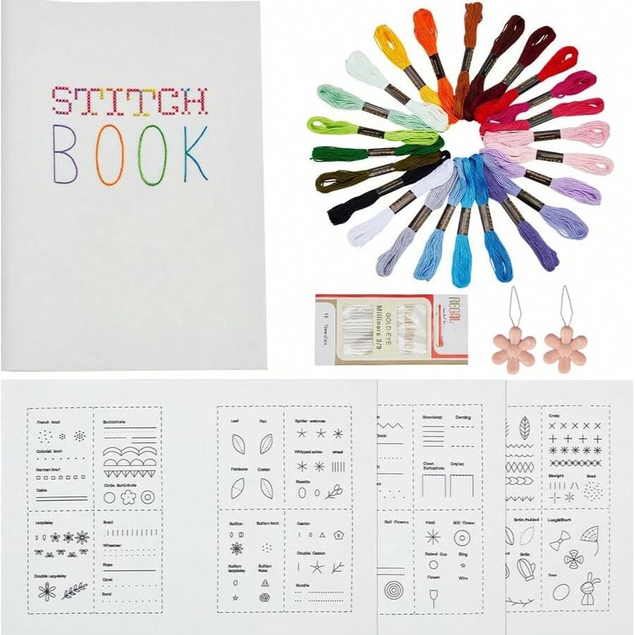 LAMYA DIY Stitch Kit Embroidery For Beginner Adults, Embroidery Stitch Guide Sewing Practice Samplers Set With 24 Colors Embroideries