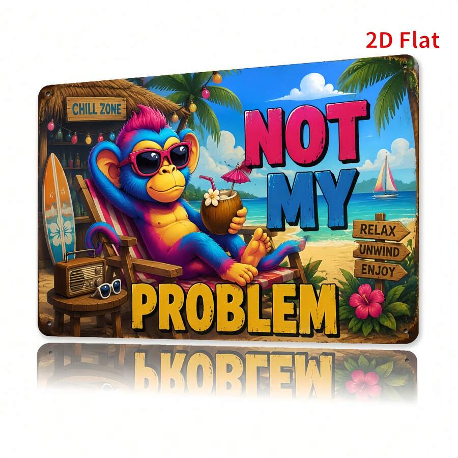 2D Flat, [2Dflat], 1pc 30x20cm - "Not My Problem" Beach Monkey Sign, Funny Tropical Decor Sign, Vintage Wooden Wall Art, Suitable For Home, Yard, Tiki Bar, 2D Flat - View 1