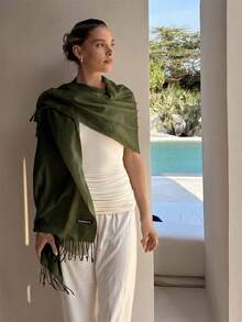 1pc Women's Classic Minimalist Cashmere Scarf, Daily Neck Scarf, Versatile Bow Tie Accessory, Suitable For Women's Daily And Commute Looks - Army Green - View 4