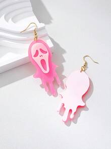 1 Pair Personalized Acrylic Glitter Blood-Dripping Screaming Ghost Face Earrings For Women, Halloween Horror Ghost Mask Long Earrings - Pink - View 4