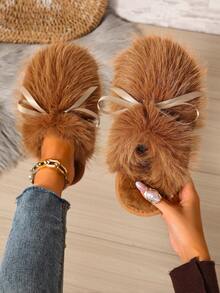 Fluffy Long Fur Bow Slippers, Soft And Gentle Girl Style, Non-Slip Indoor And Outdoor Slippers - Turmeric - View 2