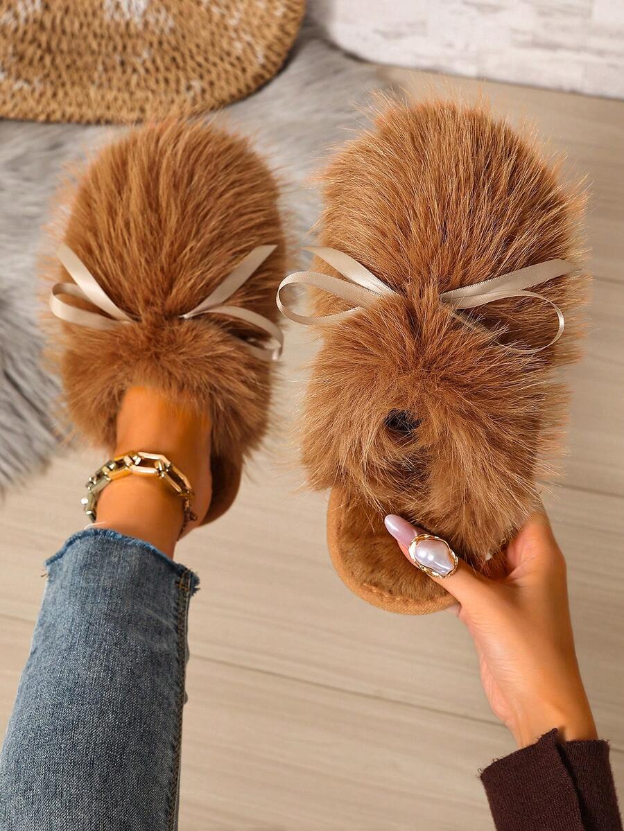 Fluffy Long Fur Bow Slippers, Soft And Gentle Girl Style, Non-Slip Indoor And Outdoor Slippers