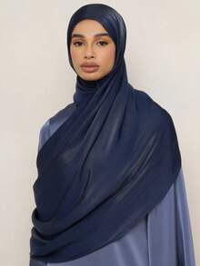 1pc Women's Minimalist Classic Solid Color Organza Shiny Elegant Casual Edged Jersey Hijab Scarf, Suitable For Daily Life, Outings And Gatherings - Navy Blue - View 3