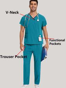 Men's Scrub Set V-Neck Scrub Top And Pants Work Uniform Elastic Waist 8 Pockets - Green - View 3