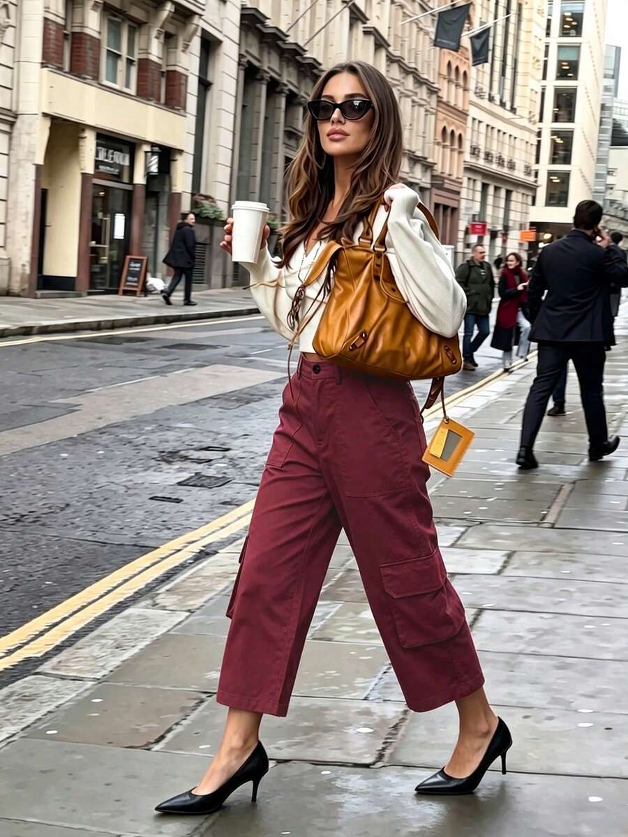 New Women's Casual Solid Color Pocket Short Cargo Pants - Burgundy - View 1
