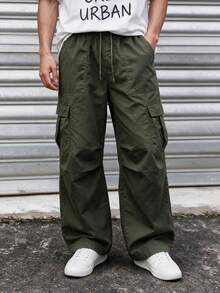 Celana Kargo Pria Warna Hijau Army dengan Banyak Saku Samping, Desain Lipatan 3D dan Penutup, Pinggang Elastis dengan Tali Serut, Celana Kasual Lurus dengan Kaki Lebar, Cocok untuk Semua Musim, Pilihan Hadiah Terbaik untuk Suami/Pacar - Hijau Tentara - View 4