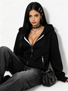 Women's Zip-Up Hooded Jacket, Minimalist White Logo Print Elastic Cuffs Drawstring Sweatshirt Casual Outerwear Black - Black - View 4