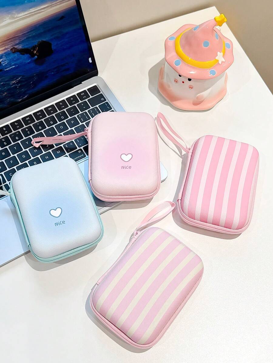 Pink Striped Element Fashion Vertical Stripe Design Data Cable Charger Storage Bag Earphone Storage Box Anti-Drop Zipper Pouch Cartoon Creative - Multicolor - View 1