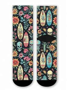 Cool 360° Printed Men's Socks, Street Style Floral Skull Vintage Gothic Colorful Fun Socks, Suitable For Daily, Holiday And Party Occasions - Black - View 6
