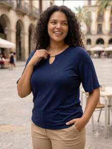 AME MODAS Women's Plus Size Blouse In Viscolycra Knit With Flutter Sleeves And Iron-On Detail On The Neckline 8.8 - 藏蓝色 - 查看 8