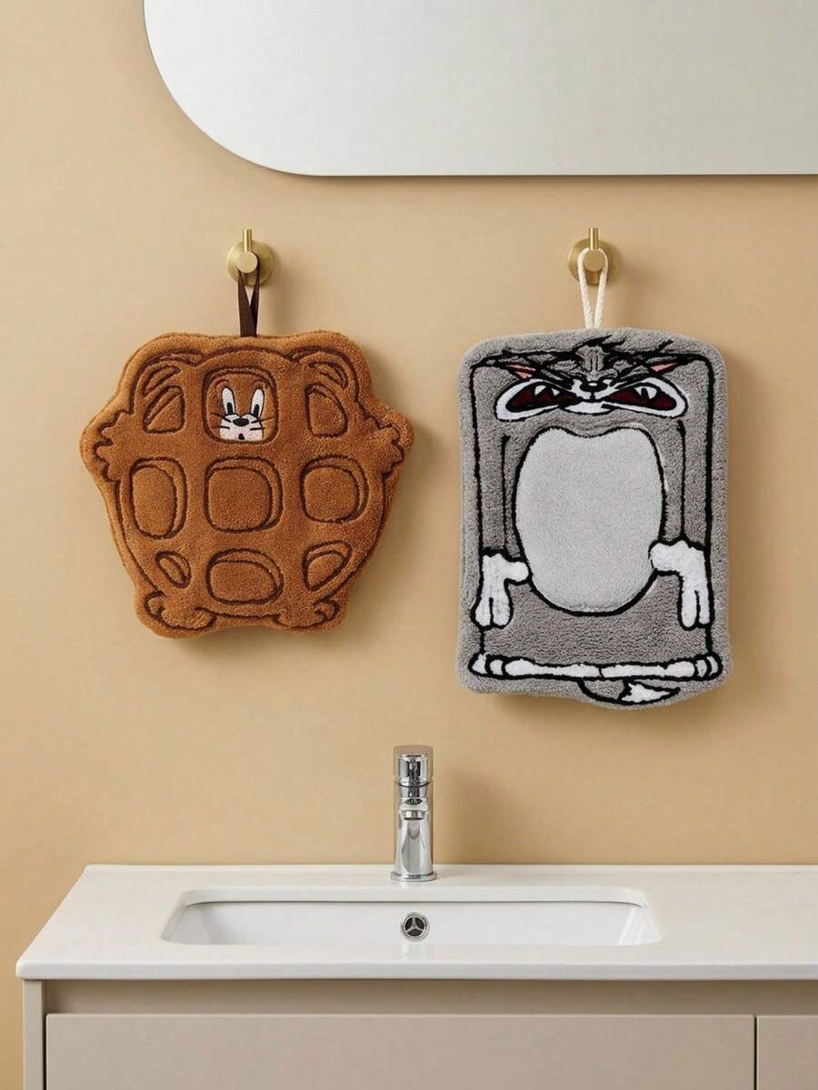 TOM & JERRY 1 Set Cartoon Cat & Mouse Fun Design Hanging Handkerchief, High Absorbent Coral Fleece Multi-Use Towel For Bathroom & Kitchen, Soft Skin-Friendly, Easy To Hang, Cute Nostalgic Gift - Multicolor - View 1