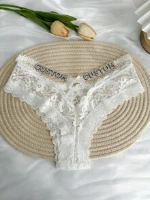 Custom Rhinestone Letter Name Text Special Date Sexy Lace Panties, Crotch Cross Strap Hollow Out Underwear, Personalized Gift For Wife, Lover, Anniversary, Holiday - White - View 4