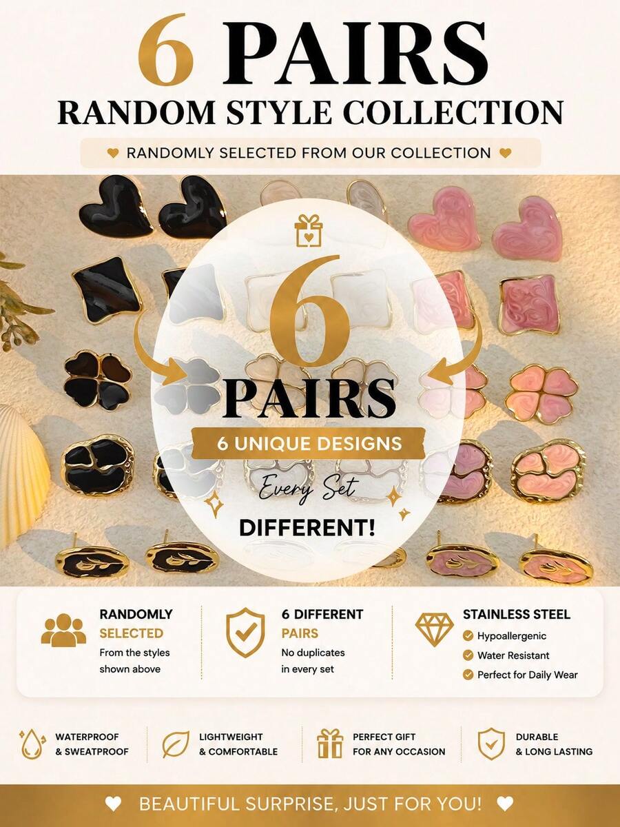 6 Pairs Random Style Stainless Steel Stud Hoop Earrings Set, Simple Minimalist Jewelry For Women, Lightweight Waterproof Gift - Multicolor - View 1