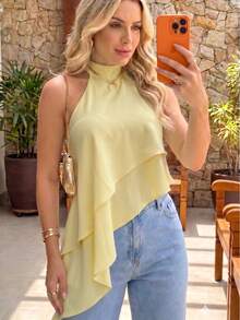 Women's Asymmetrical Cropped High Neck Halter Layered Tie-Neck Boho Chic Casual Elegant  Fashion Autumn Winter - 淺黃色 - 查看 1