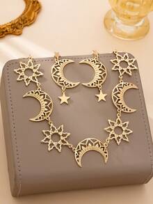 Juego de 3 piezas de collar y pendientes con colgante exagerado vintage elegante de estrella & luna, joyería de moda para mujeres, adecuado para Ramadán, fiestas, banquetes y uso diario - Amarillo Oro - Ver 2