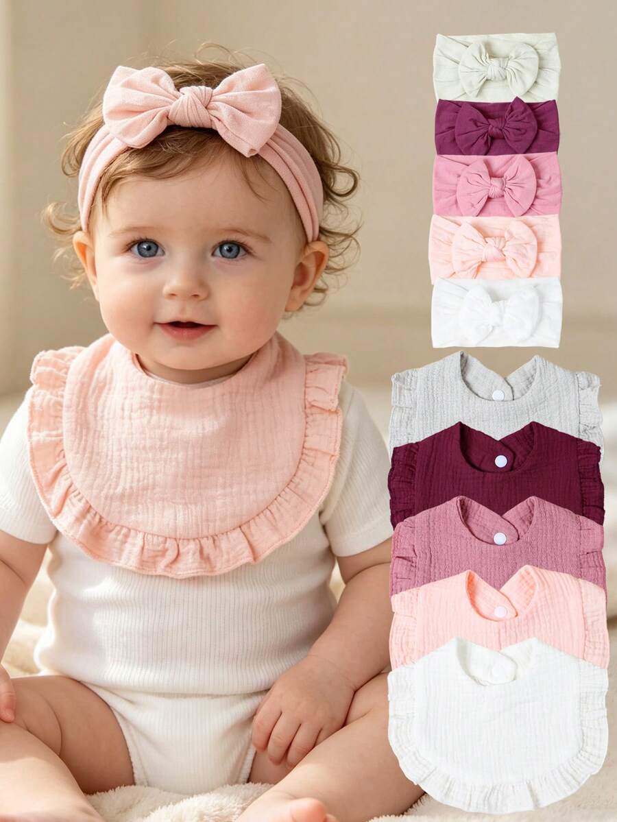 10pcs Ruffle Baby Bibs & Headband Set, Morandi Color Bow Headbands, Newborn Daily Photo Drool Bibs - Multicolor - View 1