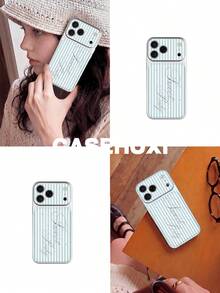 1pc Blue Striped Letter 3D Puffy Lychee Texture Pattern Classic Anti-Drop 2-In-1 Spray-Painted Hard Shell Phone Case With Lens Protection, Compatible With Apple 17Pro/17/Air/17Promax/11/12/13/14/12 Pro Max/16 Pro/15 Series, S26U Series, Holiday Gift - Multicolor - View 2