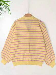 Women's Plus Size Striped Dropped Shoulder V-Neck Cardigan, Long Sleeve Ribbed Knit Button Front Sweater, Autumn/Winter Casual Preppy Style - Yellow - View 4