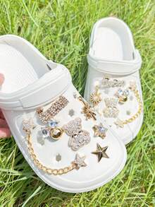 14pcs Gold Small Chain Accessories, Bear, Five-Pointed Star DIY Shoe Decor, Suitable For Perforated Sandals, Elegant And Fashionable, Gift For Girlfriend - Gold - View 2