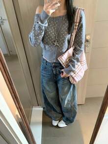 Women's Polka Dot Knit Cardigan, Off-Shoulder Design, Waist-Cinching Slim Fit, Long Sleeve Sweater, Suitable For Early Autumn - Grey - View 4