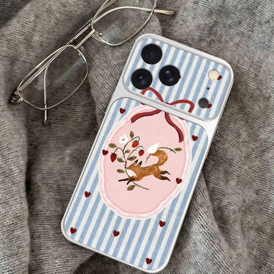 1pc TPU Material Retro Blue Striped Fox Strawberry Bow Pattern Phone Case Compatible With IPhone 17 Pro Max/17/16 Pro Max/15/14/13/12/11 Full Coverage Anti-Drop Soft Shell Protective Cover - Silver - View 1