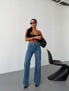 SQUALO Urban Edge High-Waist Distressed Wide Leg White Jeans - Blue - View 4