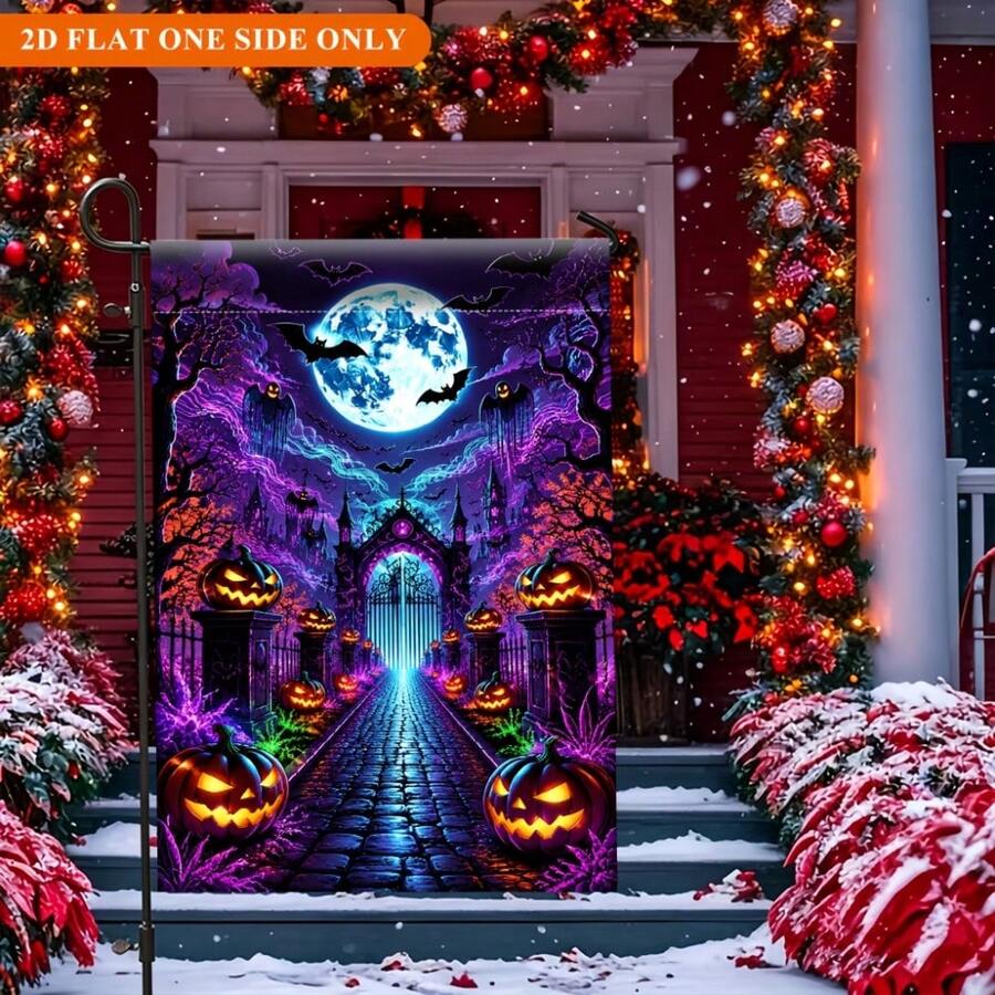 1pc, 2D Flat Printing, Garden Flag, Suitable For Halloween Theme Garden Flag, Pumpkin Lantern, Bat, Full Moon, Ghost Castle And Purple-Blue Light Effect Path. Holiday Yard Outdoor Flag, Suitable For Outdoor Home And Yard Holiday Decoration, Valentine's Day, Mother's Day, St. Patrick's Day, Easter, Christmas, Thanksgiving, Halloween, Flag Pole Not Included (Flag Only)