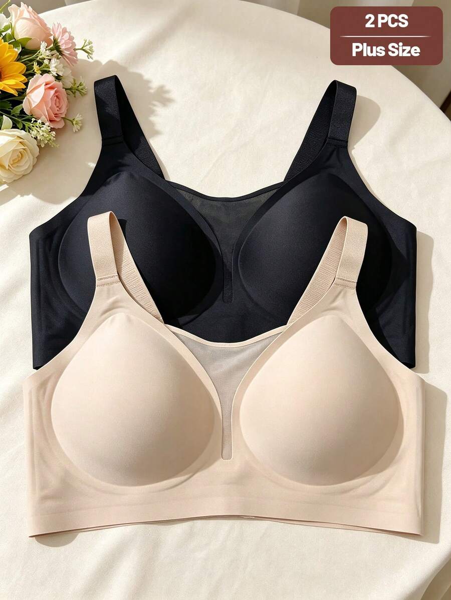 2pcs Bra Wanita Ukuran Plus Seksi Minimalis Jala Modis Nyaman Anti-Kendur Tanpa Kawat - MultiWarna - View 1