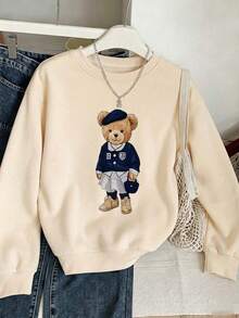 Cute Academy Style Bear Pattern Pullover Sweatshirt, Long Sleeve Ribbed Crew Neck Knit Fabric, Suitable For Autumn Wear, Comfortable And Versatile - Apricot - View 4