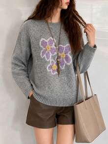 Women's Autumn/Winter Casual Elegant Minimalist Floral Pattern Crew Neck Pullover Sweater Fall - Grey - View 1