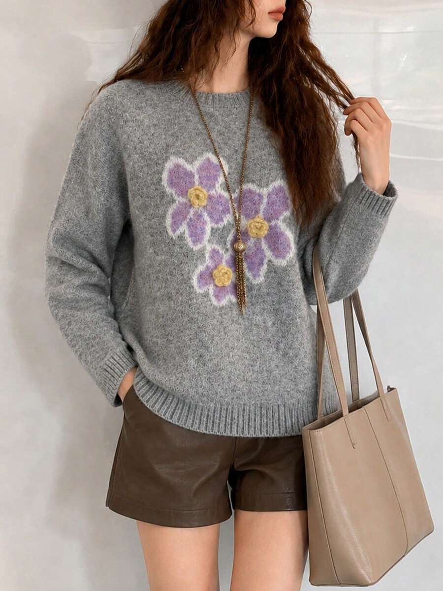 Women's Autumn/Winter Casual Elegant Minimalist Floral Pattern Crew Neck Pullover Sweater Fall - Grey - View 1