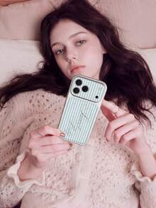 1pc Blue Striped Letter 3D Puffy Lychee Texture Pattern Classic Anti-Drop 2-In-1 Spray-Painted Hard Shell Phone Case With Lens Protection, Compatible With Apple 17Pro/17/Air/17Promax/11/12/13/14/12 Pro Max/16 Pro/15 Series, S26U Series, Holiday Gift - Multicolor - View 3