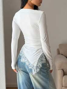 Women's Solid Color Round Neck Pleated Contrast Lace Asymmetrical Hem Top White - White - View 5