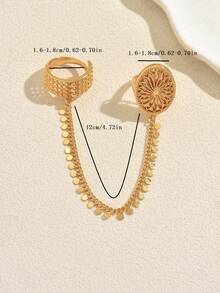 1pc Luxury Copper Material Oval Floral Carved Coin Chain Finger Ring For Women Daily Wear - Multicolor - View 2