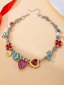 OABE 1pc Personalized Summer Fresh Elegant Strawberry/Heart/Butterfly Multi-Pendant Women's Charm Necklace Suitable For Vacation/Daily Wear - Multicolor - View 3