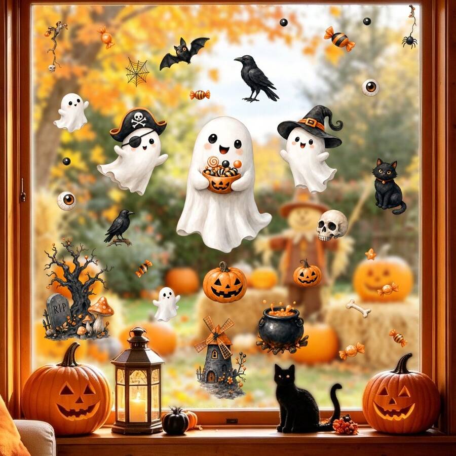 6pcs Cute Cartoon Pirate Ghost Halloween Window Stickers, Double-Sided Visible PVC Electrostatic Adsorption Glass Stickers, Suitable For Homes, Classrooms, Cafes, Shop Windows, And Holiday Party Decorations. - Multicolor - View 1