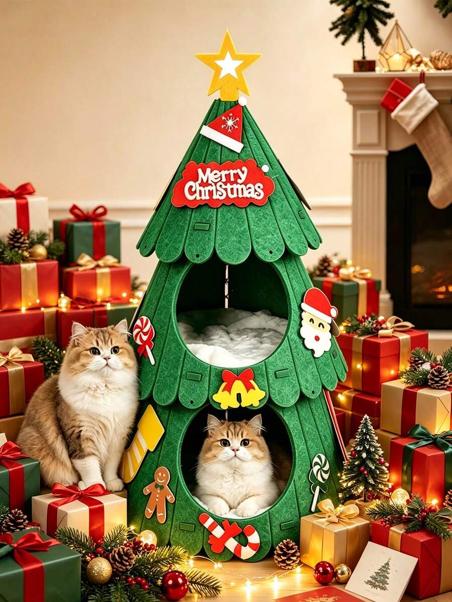 1pc Christmas Tree Shaped Cat Tree, Double-Layer Cave Cat Activity House, Tool-Free Assembly, Foldable Easy Storage DIY Decoration, Indoor Home Holiday Pet Play And Resting Facility - Multicolor - View 1