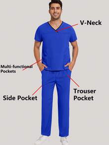 Men's Scrub Set V-Neck Scrub Top And Pants Work Uniform Elastic Waistband 8 Pockets - Royal Blue - View 3