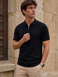 Men's Zip Collar Short Sleeve Polo Shirt, Casual Breathable Summer Knit Top - Black - View 2