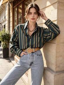 Multicolor Striped Casual Shirt, Personalized Design Loose Blouse For Daily Wear, All Seasons - Multicolor - View 4