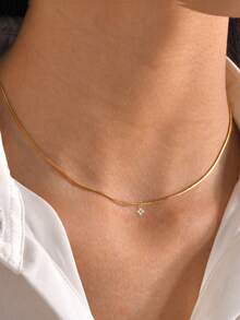 1pc Women's Necklace, Minimalist Beach Layering Style, Stainless Steel Round Snake Chain With Zirconia Four-Leaf Clover Pendant, Daily Accessory Gift - Yellow Gold - View 2
