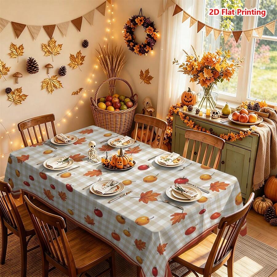 1/2pcs Autumn Tablecloth, Autumn Maple Leaf & Berry Plaid Tablecloth, Polyester Material, Suitable For Dining Room, Kitchen, Coffee Table, Picnic, Camping, Country Farmhouse Decor, Tabletop Protection And Autumn Holiday Theme Arrangement - Multicolor - View 1