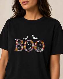 Spooky BOO Bat Pumpkin Unisex Halloween T-Shirt, Autumn Tops With Delicate Holiday Graphic Print - 黑色 - 查看 5