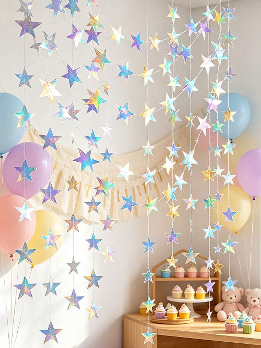 1/3/5pcs Holographic Iridescent Star Hanging Bunting Banner, Shiny Star Garland For Wedding, Birthday Party And Holiday Celebration Backdrop Decoration - Iridescent Star - View 1