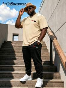 2pcs Plus Size Men Casual Romantic Paris English Graphic Short Sleeve T-Shirt And Pants Set, Streetwear - Khaki - View 1