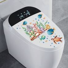 1pc Watercolor Style Ocean Dolphin & Turtle Toilet Lid Sticker, PVC Waterproof Removable Wall Decal, Creative Bathroom Toilet Decor - one-size - View 4