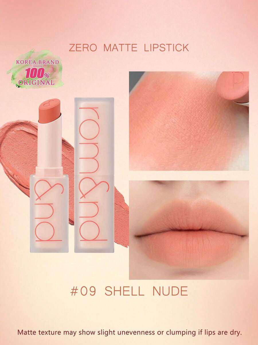 Rom&nd ZERO MATTE 唇膏 #09 SHELL NUDE，丝绒哑光质地，轻盈不干燥，柔焦哑光妆效，模糊唇部效果，日常哑光妆容，专业化妆品，特殊场合，韩式妆容，3克/0.11盎司。